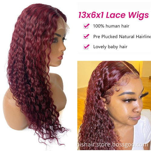 Factory Price 12A Grade Deep Wave 99j Frontal Lace Wig Human Hair T Part HD Lace Virgi Human Brazilian Hair Wigs 1b 99j Wig